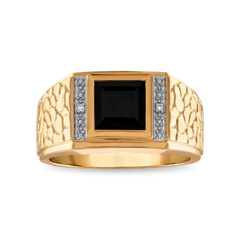 Elegant Jewelry Pieces At Unbelievable Prices 7MM Onyx and Diamond Nugget Ring in 10KT Yellow Gold Elegant Jewelry Pieces At Unbelievable Prices 7MM Onyx and Diamond Nugget Ring in 10KT Yellow Gold