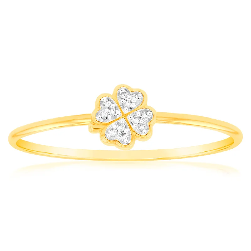 Your Dream Jewelry At Dream Prices 9ct Yellow Gold Diamond 4 Leaf Clover Ring with 12 Brilliant Diamonds