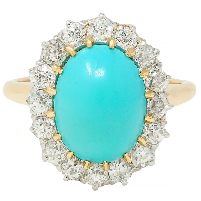 High-Quality Gemstone Jewelry For Special Occasions Edwardian Turquoise Old European Diamond Platinum 14 Karat Yellow Gold Antique Halo Ring High-Quality Gemstone Jewelry For Special Occasions Edwardian Turquoise Old European Diamond Platinum 14 Karat Yellow Gold Antique Halo Ring