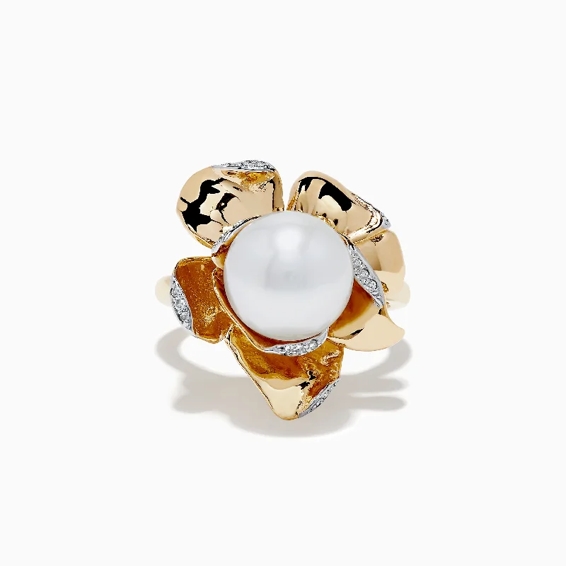 Waterproof Stainless Steel Jewelry For Lasting Beauty Pearl 14K Yellow Gold Pearl and Diamond Flower Ring Waterproof Stainless Steel Jewelry For Lasting Beauty Pearl 14K Yellow Gold Pearl and Diamond Flower Ring