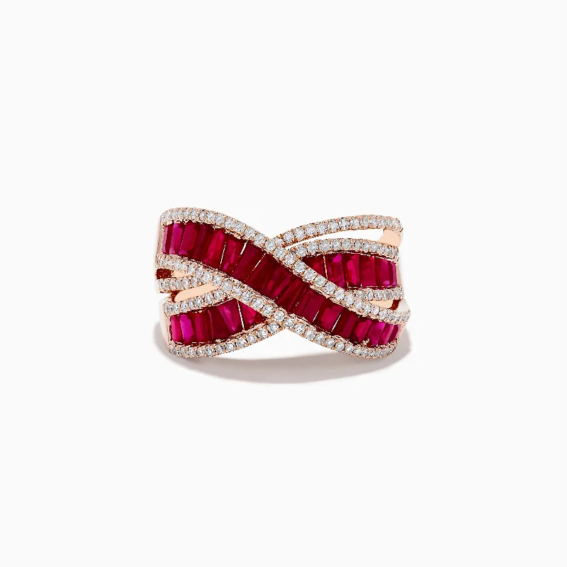 Eco-Friendly Sustainable Jewelry For Conscious Buyers Ruby Royale 14K Rose Gold Baguette Cut Ruby and Diamond Crossover Ring Eco-Friendly Sustainable Jewelry For Conscious Buyers Ruby Royale 14K Rose Gold Baguette Cut Ruby and Diamond Crossover Ring