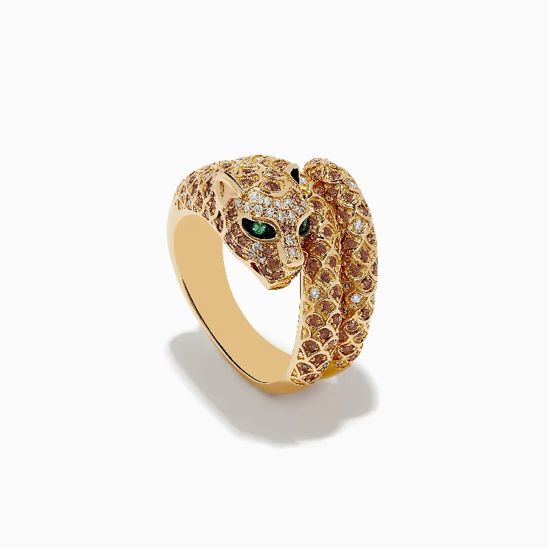 Luxury Handcrafted Jewelry For Elegant Looks Signature 14K Yellow Gold Emerald, Espresso, and White Diamond Ring Luxury Handcrafted Jewelry For Elegant Looks Signature 14K Yellow Gold Emerald, Espresso, and White Diamond Ring