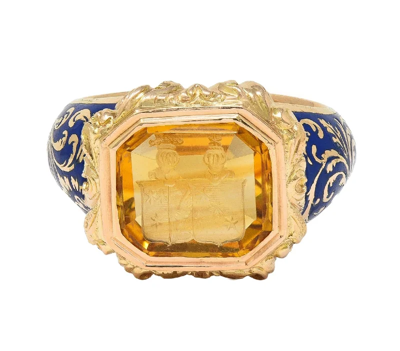 Huge Savings On Premium Jewelry Styles Georgian 1833 Carved Citrine Intaglio Ultramarine Enamel 14 Karat Yellow Gold Antique Unisex Heraldic Signet Ring Huge Savings On Premium Jewelry Styles Georgian 1833 Carved Citrine Intaglio Ultramarine Enamel 14 Karat Yellow Gold Antique Unisex Heraldic Signet Ring