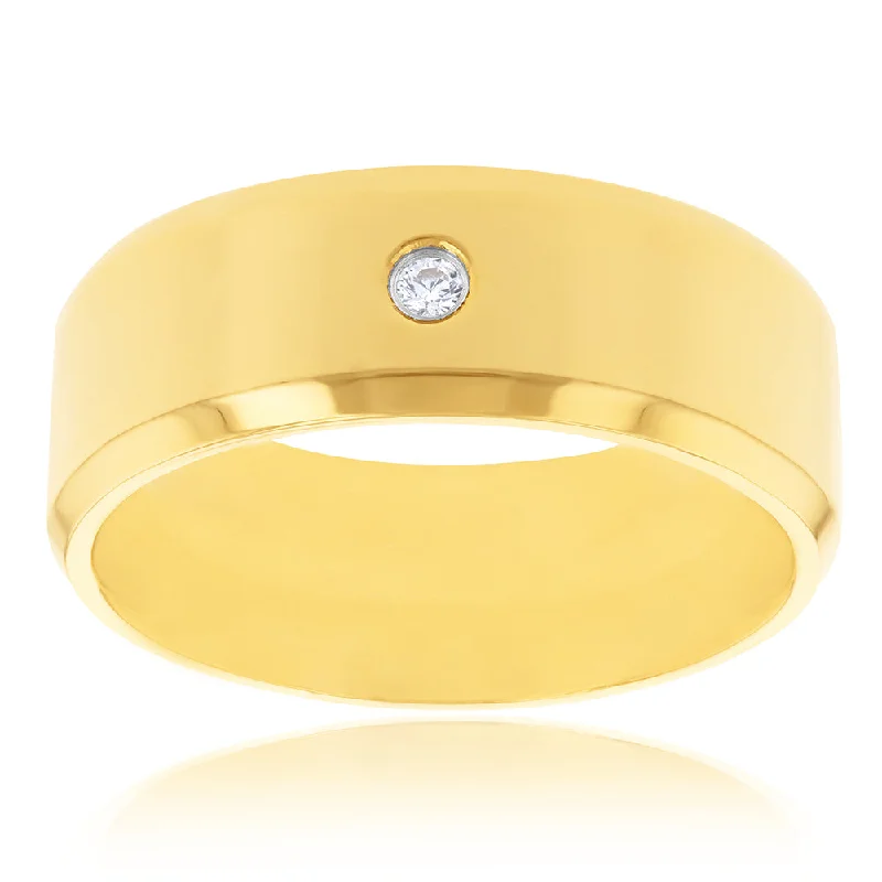 High-Quality Jewelry At A Fraction Of The Cost Stainless Steel Yellow Gold Plated Cubic Zirconia Set Beveled Edge 8mm Wide Ring High-Quality Jewelry At A Fraction Of The Cost Stainless Steel Yellow Gold Plated Cubic Zirconia Set Beveled Edge 8mm Wide Ring