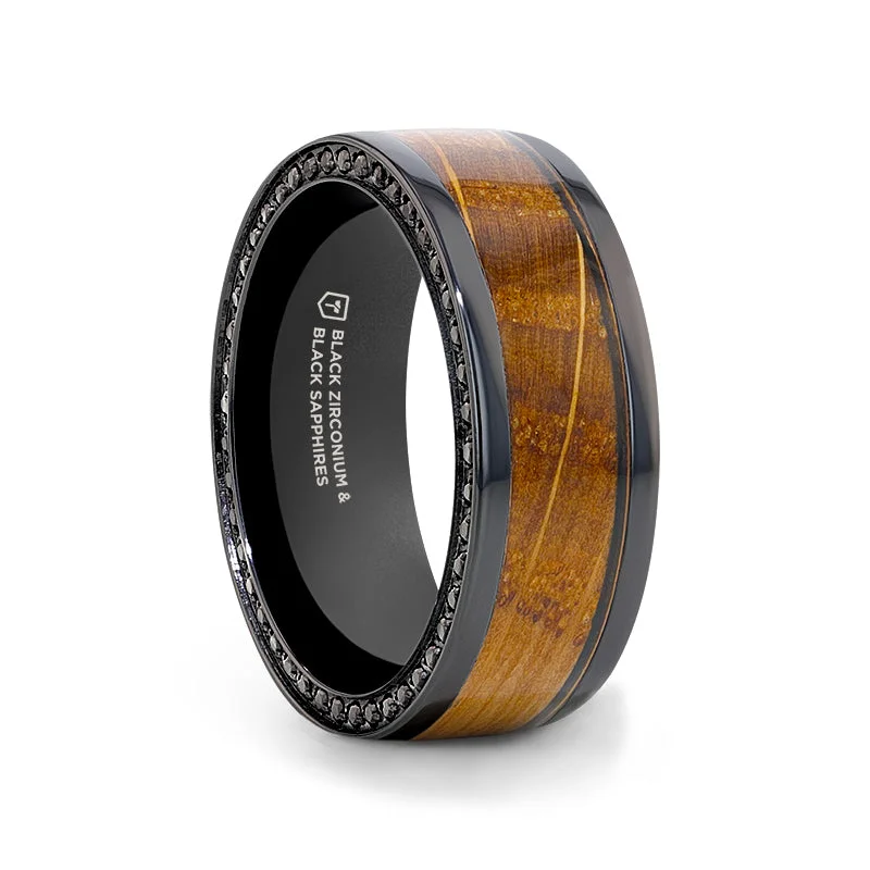 Unmissable Discounts On Timeless Jewelry Pieces BOURBON Black Zirconium Ring with Whiskey Barrel Wood Inlay and Black Sapphires - 8mm Unmissable Discounts On Timeless Jewelry Pieces BOURBON Black Zirconium Ring with Whiskey Barrel Wood Inlay and Black Sapphires - 8mm