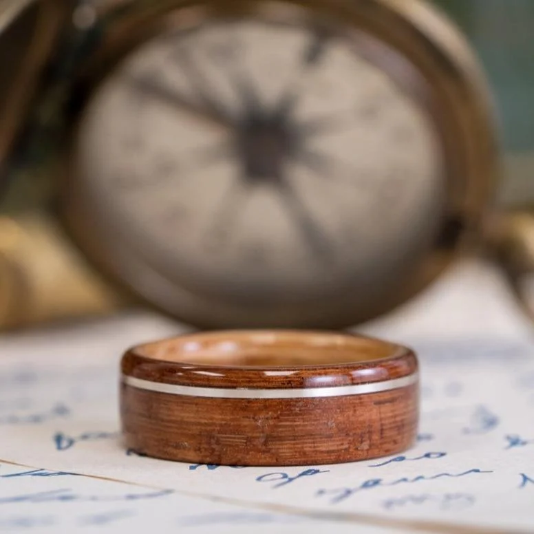 Elegant Designs, Unbeatable Discounts – Shop Jewelry Now (In-Stock) Iroko Teak Wooden Ring, Natural Whiskey Barrel Liner & Offset Sterling Silver - Size 10.25/8mm Wide