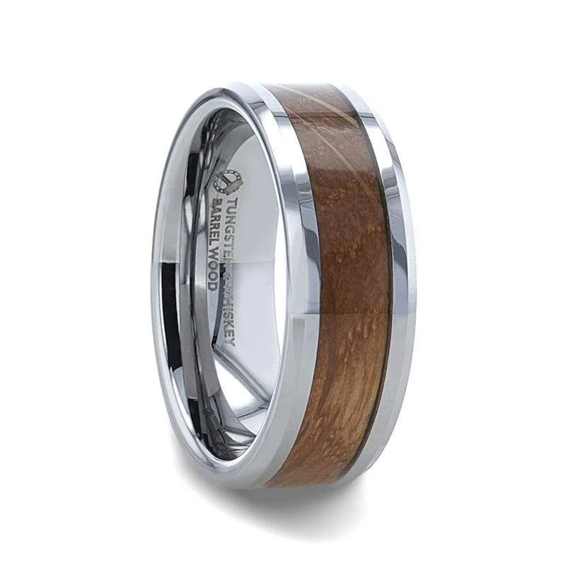 Premium Jewelry At Special Low Prices For A Limited Time DISTILLED Whiskey Barrel Inlaid Tungsten Men's Wedding Band With Beveled Polished Edges Made From Genuine Whiskey Barrels - 8mm Premium Jewelry At Special Low Prices For A Limited Time DISTILLED Whiskey Barrel Inlaid Tungsten Men's Wedding Band With Beveled Polished Edges Made From Genuine Whiskey Barrels - 8mm