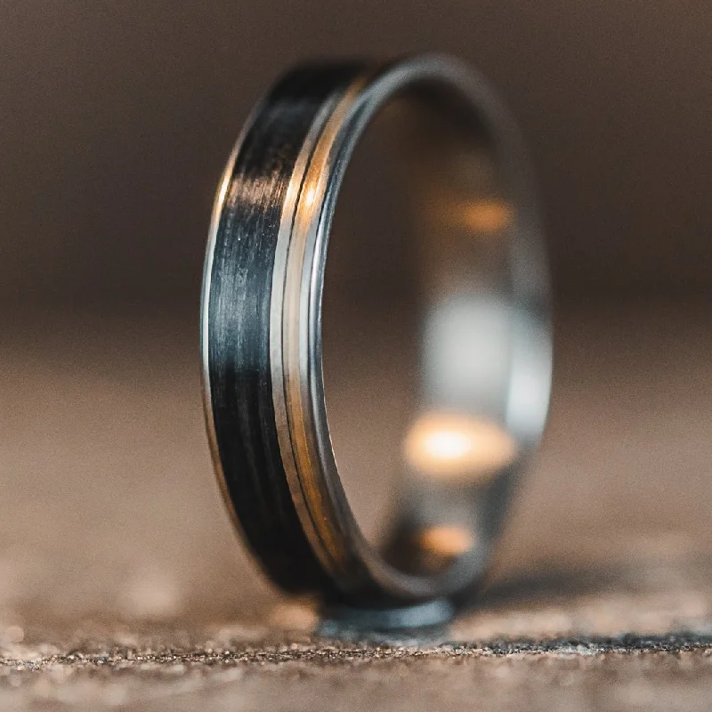 Personalized Engraved Jewelry For Meaningful Gifts (In-Stock) Custom Titanium Ring with Weathered Whiskey Barrel & Brass - Size 13.75 | 6mm Wide Personalized Engraved Jewelry For Meaningful Gifts (In-Stock) Custom Titanium Ring with Weathered Whiskey Barrel & Brass - Size 13.75 | 6mm Wide