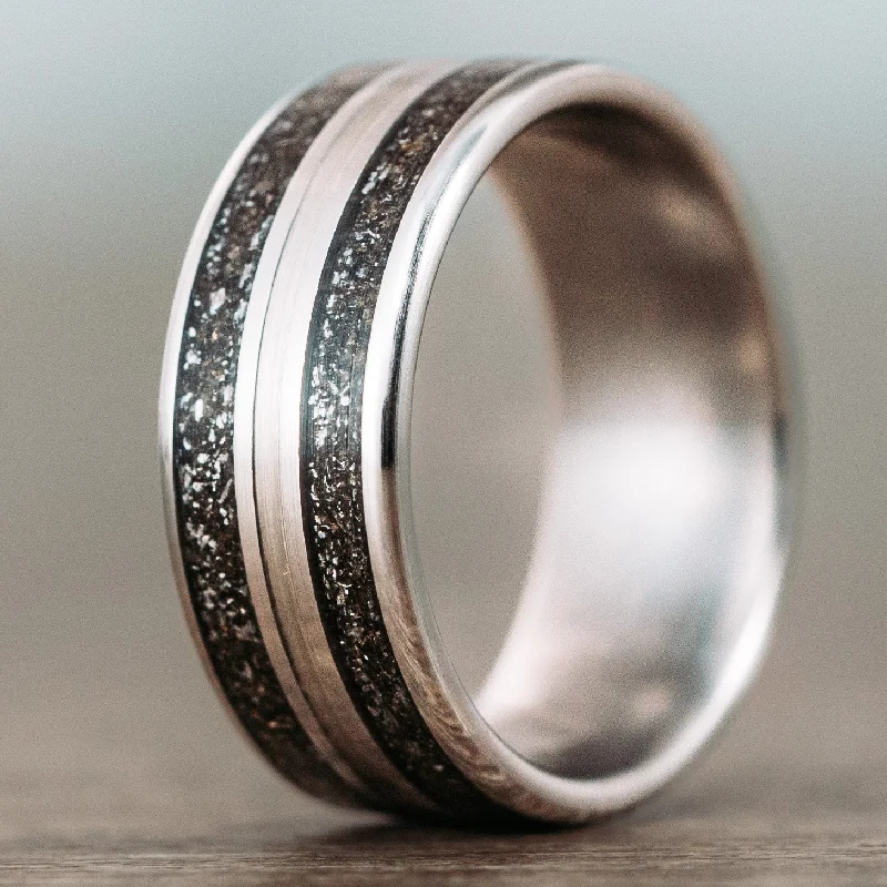 Buy More, Save More On Stunning Jewelry Pieces (In-Stock) The Eclipse - Titanium & Meteorite Ring with 14k White Gold Inlay - Size 6.75/8mm Wide Buy More, Save More On Stunning Jewelry Pieces (In-Stock) The Eclipse - Titanium & Meteorite Ring with 14k White Gold Inlay - Size 6.75/8mm Wide