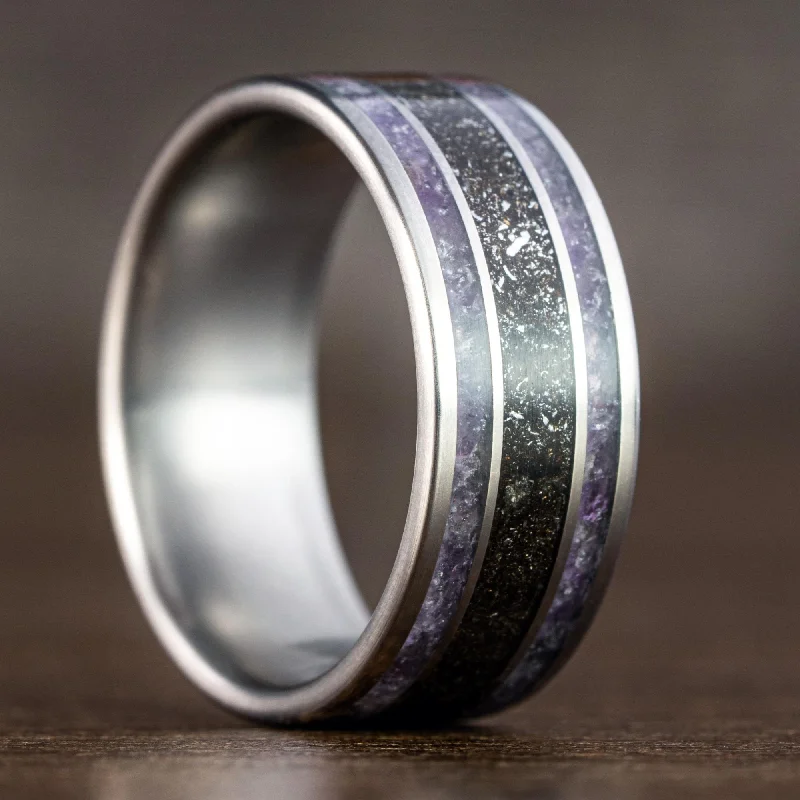 Handmade Pearl Jewelry For Timeless Elegance (In-Stock) Custom Titanium Ring with Meteorite and Amethyst - Size 6.5 | 8mm Wide Handmade Pearl Jewelry For Timeless Elegance (In-Stock) Custom Titanium Ring with Meteorite and Amethyst - Size 6.5 | 8mm Wide
