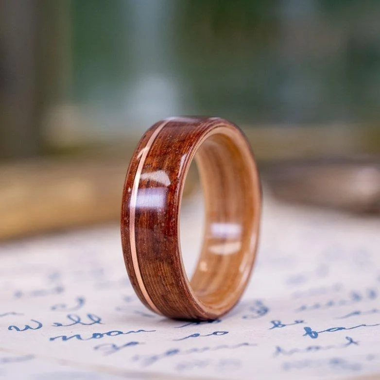 Huge Savings On Timeless Jewelry Collections (In-Stock) Iroko Teak Wooden Ring with Natural Whiskey Barrel Liner & Offset Copper - Size 10.75/8mm Wide Huge Savings On Timeless Jewelry Collections (In-Stock) Iroko Teak Wooden Ring with Natural Whiskey Barrel Liner & Offset Copper - Size 10.75/8mm Wide