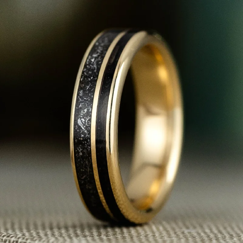 Elevate Your Outfit With Discounted Statement Jewelry (In-Stock) The Dark Star | Men's 10k Yellow Gold Ring with Whiskey Barrel Wood & Black Meteorite - Size 8 | 6mm Wide Elevate Your Outfit With Discounted Statement Jewelry (In-Stock) The Dark Star | Men's 10k Yellow Gold Ring with Whiskey Barrel Wood & Black Meteorite - Size 8 | 6mm Wide