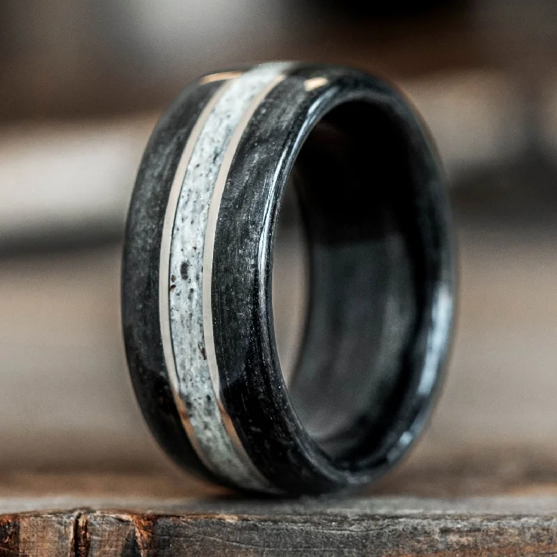 Delicate Crystal Jewelry For Sophisticated Charm (In-Stock) The Frontiersman | Men's Whiskey Barrel & Elk Antler Wedding Band with Dual 14k White Gold Inlays - Size 7 | 9mm Wide Delicate Crystal Jewelry For Sophisticated Charm (In-Stock) The Frontiersman | Men's Whiskey Barrel & Elk Antler Wedding Band with Dual 14k White Gold Inlays - Size 7 | 9mm Wide