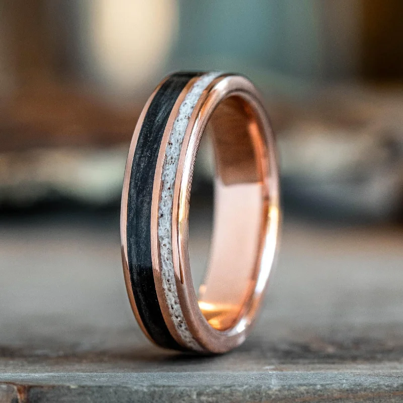 Flash Sale On Exquisite Jewelry – Don't Miss Out (In-Stock) The Gent's Weekend | Men's 10k Rose Gold Whiskey Barrel Wood & Elk Antler Wedding Band - Size 10.5 | 6mm Wide