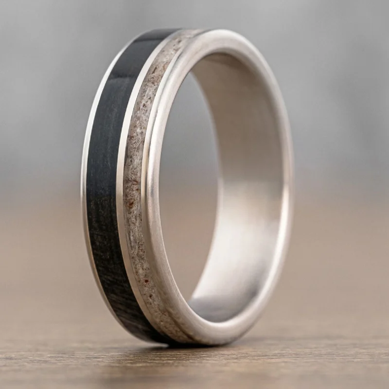 Seasonal Jewelry Sale – Upgrade Your Collection (In-Stock) The Gent's Weekend - Titanium Wedding Band with Whiskey Barrel Wood and Elk Antler Inlays Size - 10.75 | 6mm Seasonal Jewelry Sale – Upgrade Your Collection (In-Stock) The Gent's Weekend - Titanium Wedding Band with Whiskey Barrel Wood and Elk Antler Inlays Size - 10.75 | 6mm