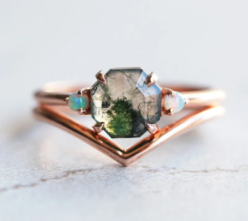 High-Quality Gemstone Jewelry For Special Occasions Ellie Octagon Moss Agate And Opal Ring Set