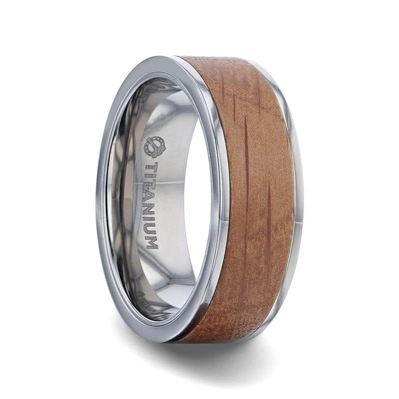 Discounted Jewelry For A Glamorous Look STILL Whiskey Barrel Inlaid Titanium Men's Wedding Band With Flat Polished Edges Made From Genuine Whiskey Barrels - 8mm Discounted Jewelry For A Glamorous Look STILL Whiskey Barrel Inlaid Titanium Men's Wedding Band With Flat Polished Edges Made From Genuine Whiskey Barrels - 8mm