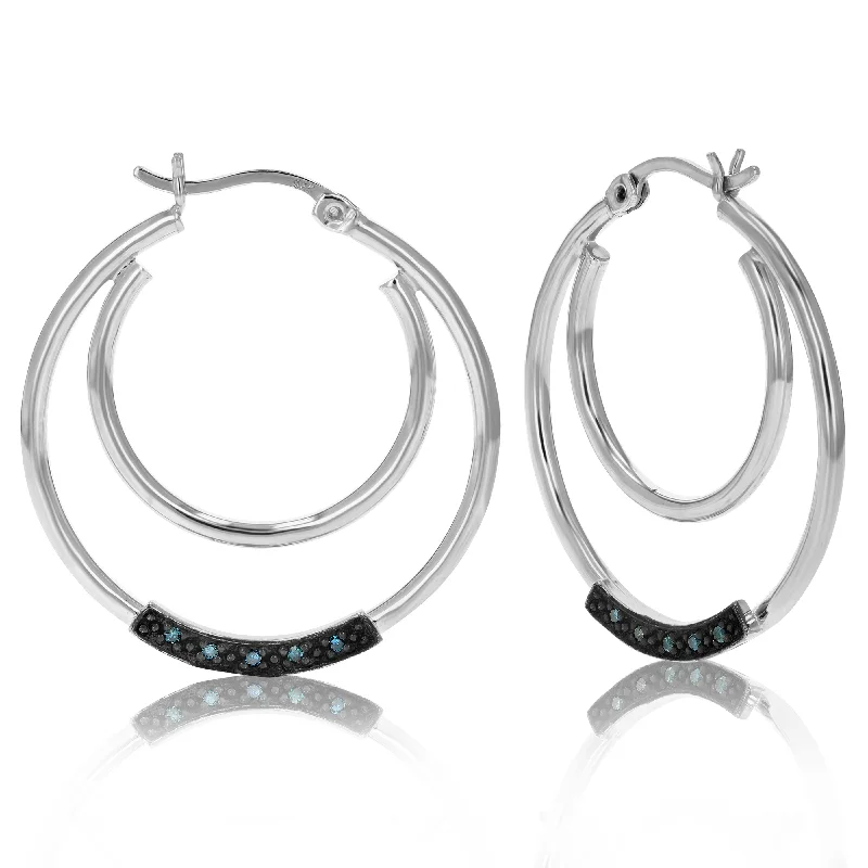 Modern Jewelry At Exclusive Discounts – Shop Today 1/20 cttw Blue Diamond Hoop Earrings .925 Sterling Silver With Rhodium Plating
