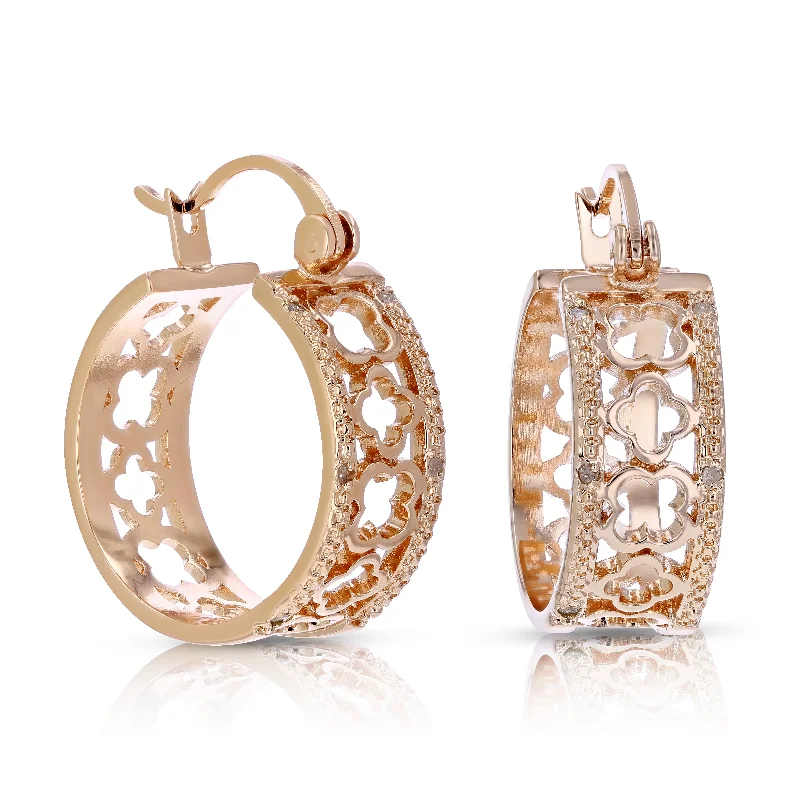 Discounted Luxury Jewelry – Shine Without The Splurge 1/20 cttw Diamond Hoop Earrings Pink Gold Plated over Brass Clover 1/2 Inch Discounted Luxury Jewelry – Shine Without The Splurge 1/20 cttw Diamond Hoop Earrings Pink Gold Plated over Brass Clover 1/2 Inch