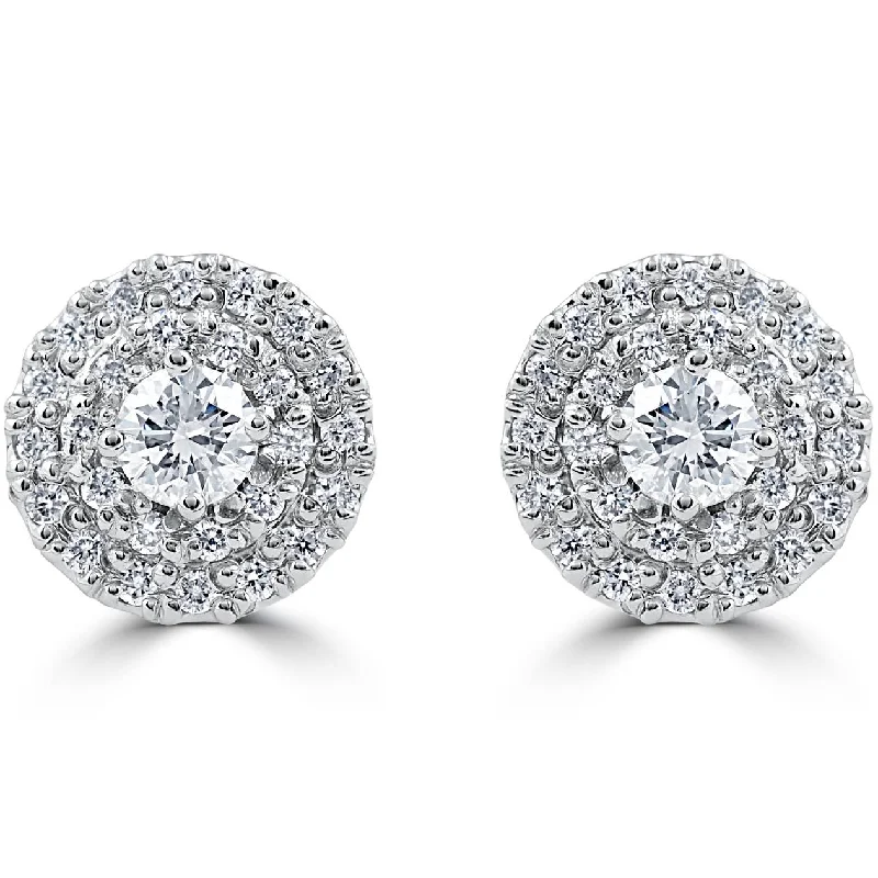 Dainty Floral Jewelry For Feminine Elegance .94 cttw Diamond Double Halo Vintage Studs 14k White Gold Dainty Floral Jewelry For Feminine Elegance .94 cttw Diamond Double Halo Vintage Studs 14k White Gold
