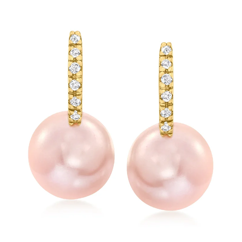 Your Perfect Accessory Now At The Best Price Ross-Simons 8-8.5mm Pink Cultured Pearl Huggie Hoop Drop Earrings With Diamond Accents in 14kt Yellow Gold
