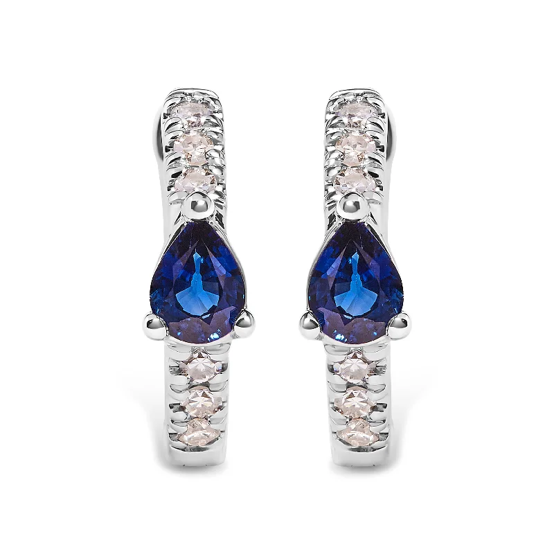 Celebrate Every Occasion With Sparkling Savings 10K White Gold Pear Shaped Blue Sapphire and 1/10 Cttw Diamond Huggy Hoop Earrings Celebrate Every Occasion With Sparkling Savings 10K White Gold Pear Shaped Blue Sapphire and 1/10 Cttw Diamond Huggy Hoop Earrings
