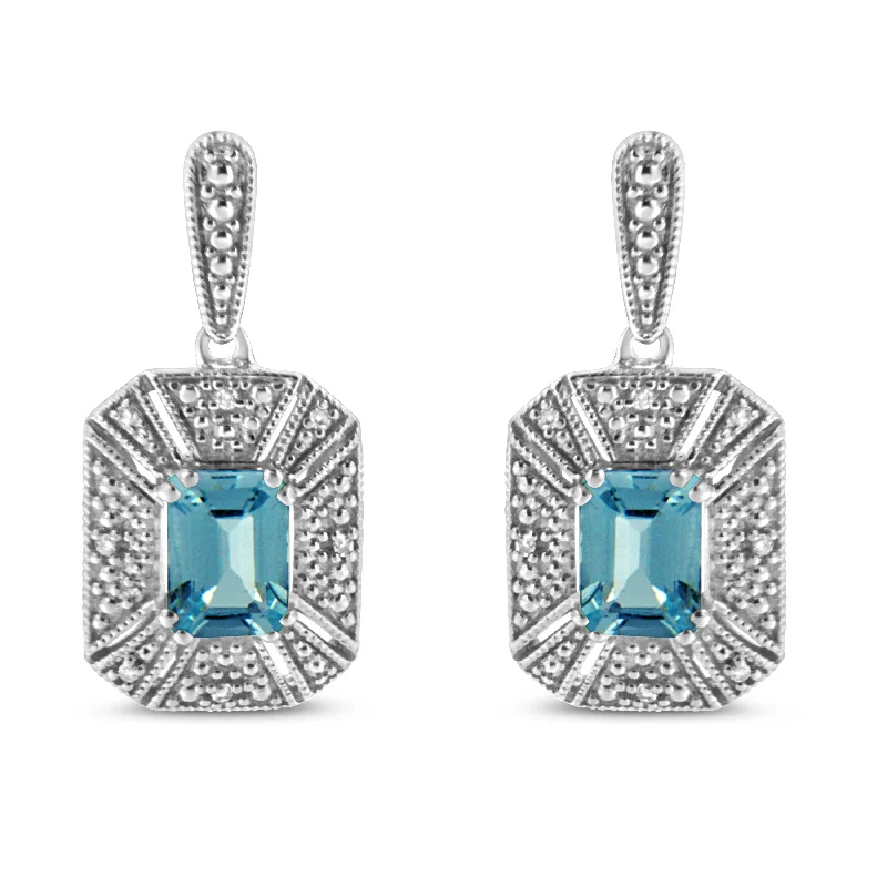 Shop Modern Jewelry Collections With Exclusive Discounts .925 Sterling Silver 7x5MM Emerald Shape Blue Topaz and Diamond Accent Art Deco Halo Style Drop and Dangle Earrings Shop Modern Jewelry Collections With Exclusive Discounts .925 Sterling Silver 7x5MM Emerald Shape Blue Topaz and Diamond Accent Art Deco Halo Style Drop and Dangle Earrings
