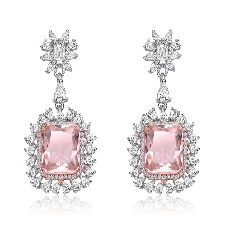 The Ultimate Jewelry Sale – Shop Premium Styles Sterling Silver With Rhodium Plated Morganite Cushion With Clear Cubic Zirconia Halo Drop Earrings The Ultimate Jewelry Sale – Shop Premium Styles Sterling Silver With Rhodium Plated Morganite Cushion With Clear Cubic Zirconia Halo Drop Earrings