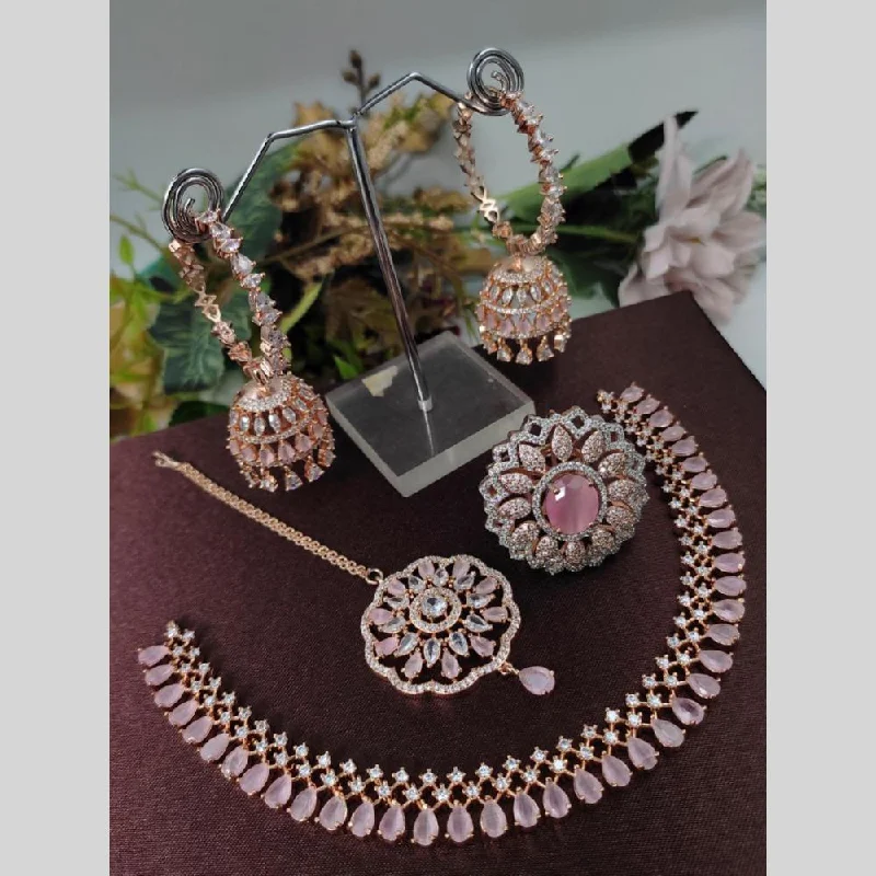 Huge Savings On Premium Jewelry Styles Aamrapali Rose Gold Plated American Diamond Necklace Set With Ring Huge Savings On Premium Jewelry Styles Aamrapali Rose Gold Plated American Diamond Necklace Set With Ring