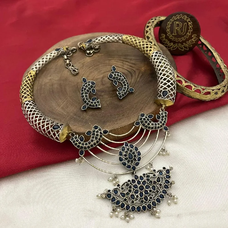 Customized Silver Jewelry For Unique Style FS Collection Oxidised Plated Pota Stone Necklace Set Customized Silver Jewelry For Unique Style FS Collection Oxidised Plated Pota Stone Necklace Set