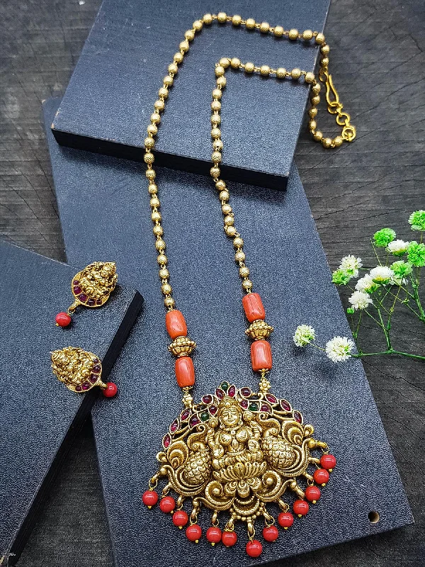 Limited Stock On Premium Jewelry At Low Prices Gold Plated In Coral Beads Long Necklace Set Limited Stock On Premium Jewelry At Low Prices Gold Plated In Coral Beads Long Necklace Set