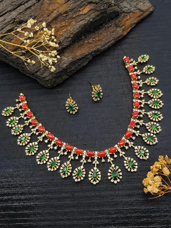 Premium Diamond Jewelry At Once-In-A-Lifetime Discounts Gold Plated Short Necklace Set in coral Zercons Premium Diamond Jewelry At Once-In-A-Lifetime Discounts Gold Plated Short Necklace Set in coral Zercons