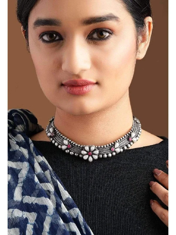 Shop Trending Jewelry With Exclusive Savings Rubans Silver Plated Handcrafted Oxidised Floral Choker Shop Trending Jewelry With Exclusive Savings Rubans Silver Plated Handcrafted Oxidised Floral Choker