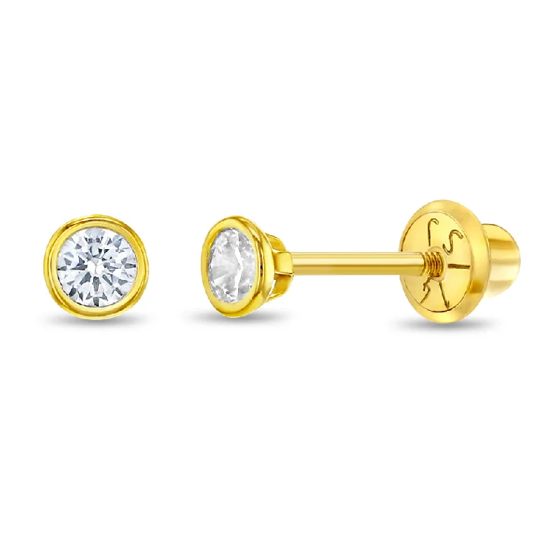 Shop Stylish Jewelry Now And Save Big 14k Gold Tiny Bezel Set CZ Baby / Toddler / Kids Earrings Safety Screw Back Shop Stylish Jewelry Now And Save Big 14k Gold Tiny Bezel Set CZ Baby / Toddler / Kids Earrings Safety Screw Back