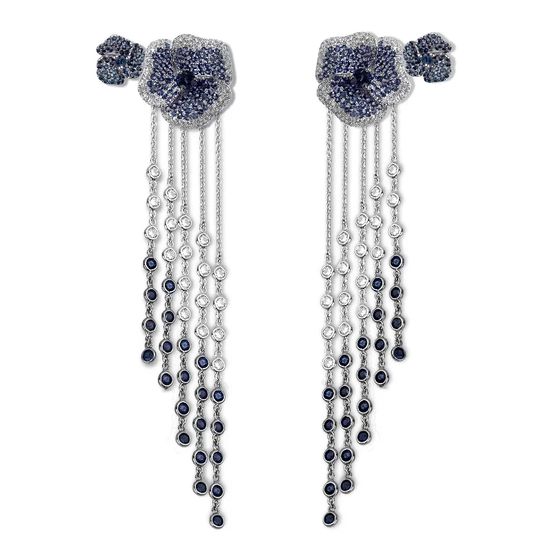 Stunning Statement Jewelry, Unbeatable Discounts Bloom Medium Flower Blue Sapphire Long Earrings in White Gold Stunning Statement Jewelry, Unbeatable Discounts Bloom Medium Flower Blue Sapphire Long Earrings in White Gold