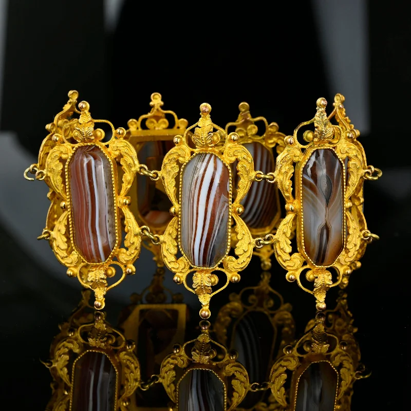 Handcrafted Jewelry Sale – Unique Designs At Low Prices Antique Scottish Banded Agate Wide Gold Cannetille Bracelet