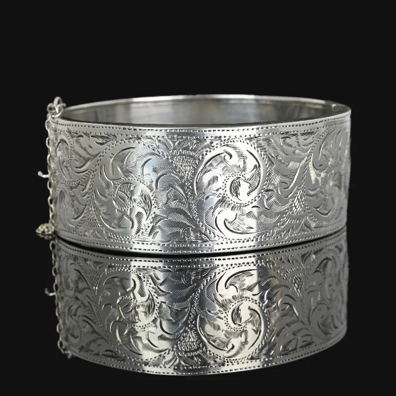 Waterproof Stainless Steel Jewelry For Lasting Beauty Victorian Revival Wide Engraved Silver Bracelet Bangle Waterproof Stainless Steel Jewelry For Lasting Beauty Victorian Revival Wide Engraved Silver Bracelet Bangle