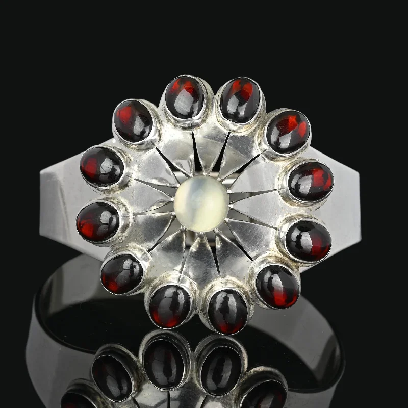Get Ready To Sparkle – Special Jewelry Discounts Wide Celestial Starburst Moonstone Garnet Bracelet in Silver Get Ready To Sparkle – Special Jewelry Discounts Wide Celestial Starburst Moonstone Garnet Bracelet in Silver
