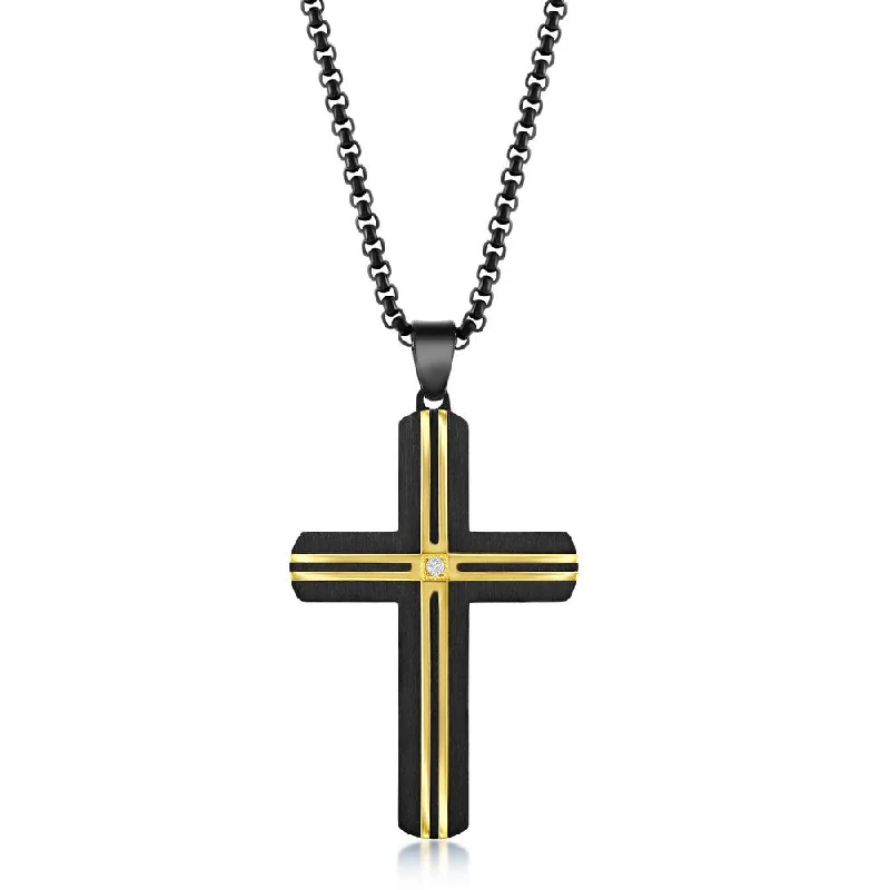 Exclusive Gemstone Jewelry At Special Prices Stainless Steel Black & Gold Lined Single CZ Cross Necklace Exclusive Gemstone Jewelry At Special Prices Stainless Steel Black & Gold Lined Single CZ Cross Necklace