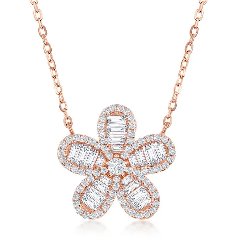 Elegant Jewelry, Exclusive Prices – Shop Now Sterling Silver Baguette CZ Flower Necklace - Rose Gold Plated