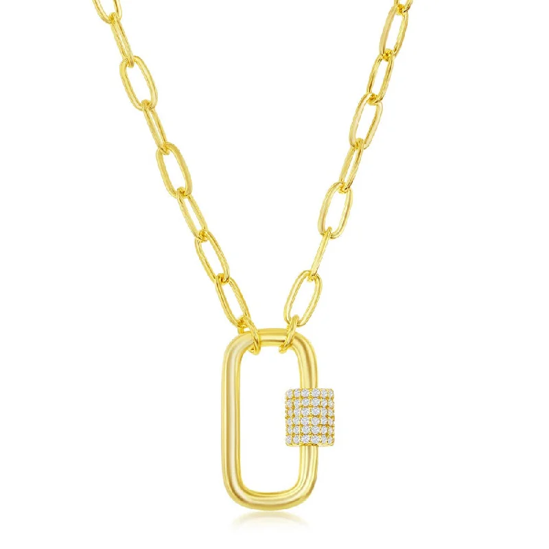 Shop Elegant Jewelry At Unbeatable Prices Sterling Silver Micro Pave CZ Oval Carabiner Paperclip Necklace - Gold Plated Shop Elegant Jewelry At Unbeatable Prices Sterling Silver Micro Pave CZ Oval Carabiner Paperclip Necklace - Gold Plated
